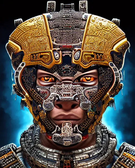 Image similar to portrait of a mayan masculine male cyberpunk jaguar warrior, machine face, upper half portrait, decorated with chinese opera motifs, muscular, latin, fine china, wuxia, traditional mayan art, intricate intense elegant, highly detailed symmetry headpiece digital painting artstation concept art smooth sharp focus illustration, art by moebius and frank miller diego rivera 8 k