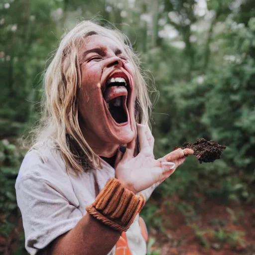 Image similar to photo of an extremely happy person eating dirt