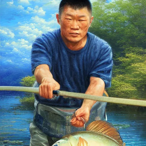 Image similar to portrait of minoru suzuki fishing, an oil painting by ross tran and thomas kincade