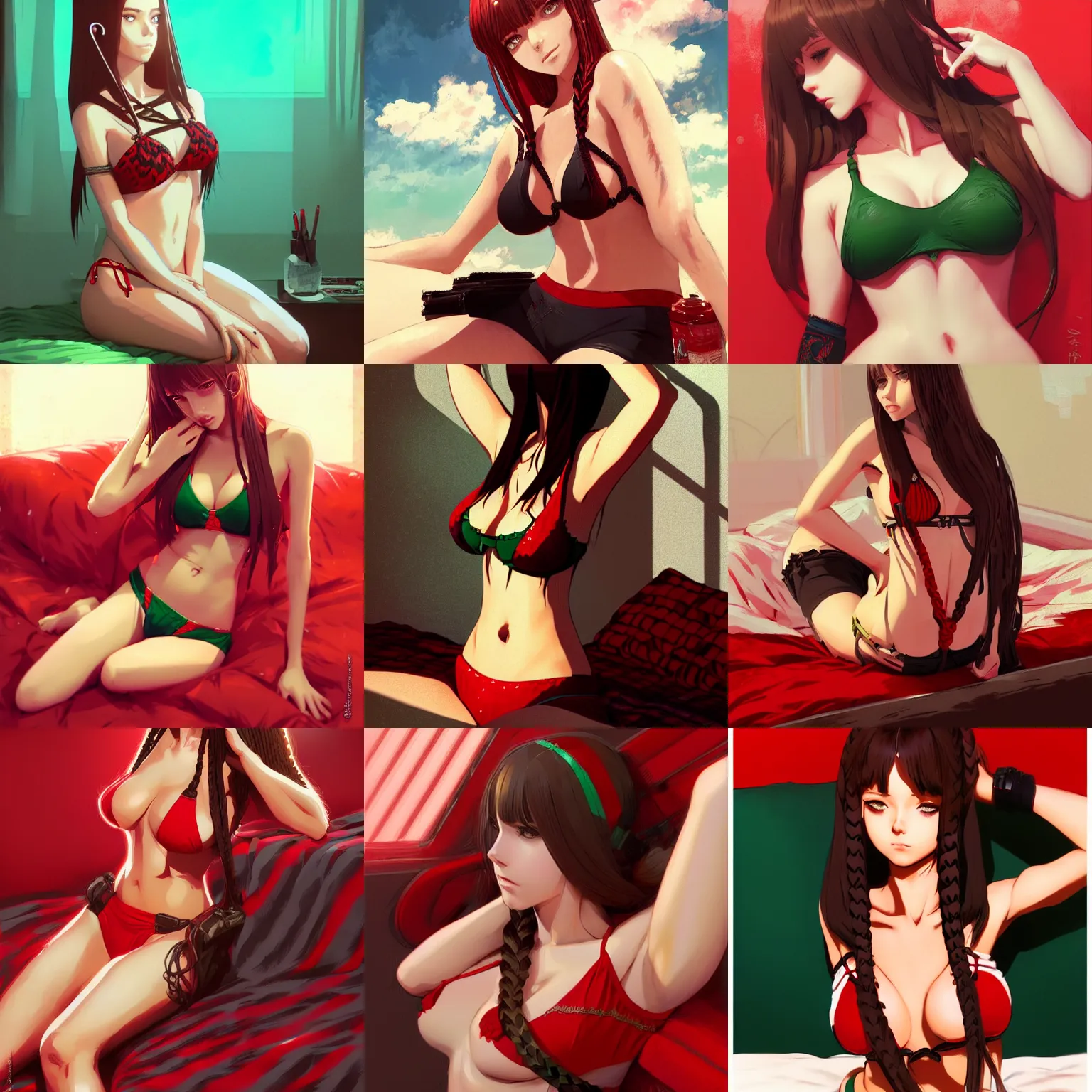 Prompt: beautiful woman with braided brown hair and green eyes, sitting on her bed, wearing a bikini, black and red colors, highly detailed, in the style of and ilya kuvshinov and greg rutkowski, high quality anime artstyle, intricate