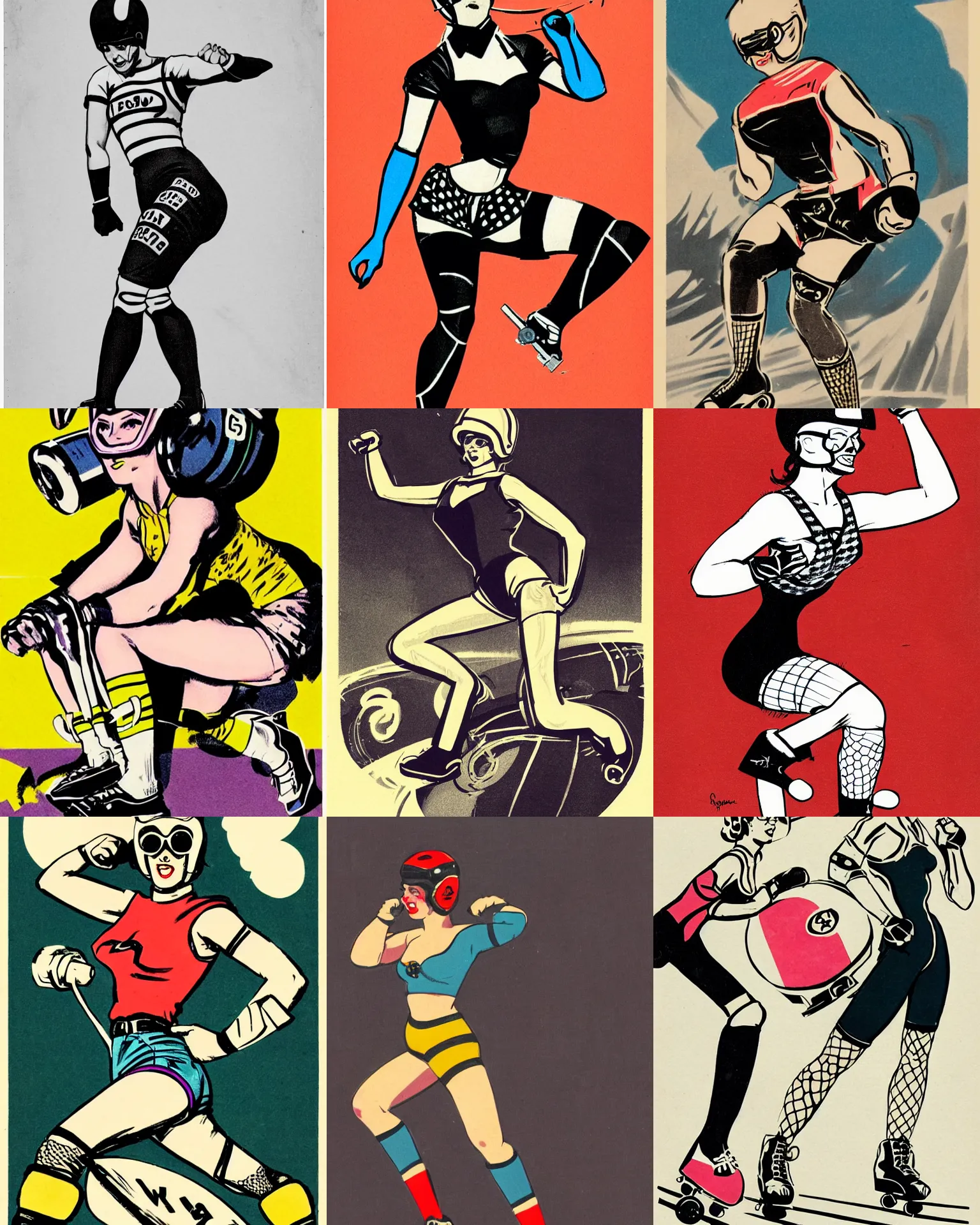 Image similar to 1950s logo of a roller derby girl doing Cross-Over, wearing skate helmet, knee pads, elbow pads, fishnet tights, showing off biceps, illustration by greg rutkowski and mcbess, 1950s