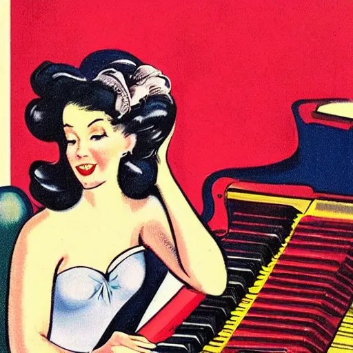 Prompt: vintage beautiful woman, wearing devil horns and sitting in an piano, retro cartoon