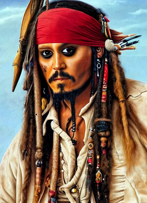 Prompt: Painting of Jack Sparrow. Art by Giuseppe Arcimboldo. During golden hour. Extremely detailed. Beautiful. 4K. Award winning.