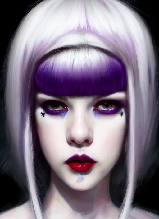 Image similar to portrait of white teenage girl, normal face, white bangs, mall goth, cyberlox, black and white hair, bangs, fluffy bangs, red contact lenses, purple lipstick, intricate, elegant, highly detailed, digital painting, artstation, concept art, sharp focus, smooth, illustration, art by wlop, mars ravelo and greg rutkowski