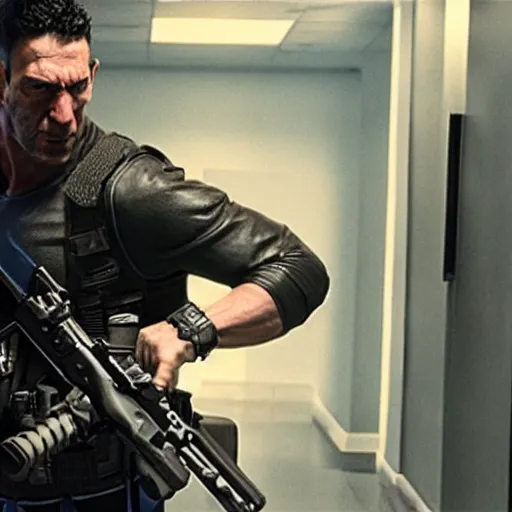 Image similar to a 4 k cinematic still portrait of the punisher breaking into the office from a gritty cyberpunk 2 0 0 0 s james cameron movie about spider - man. realism, cinematic lighting, 4 k. 8 mm. grainy. panavision.