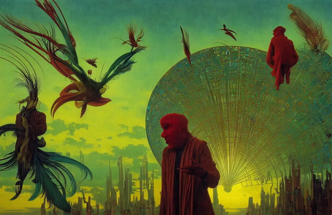 Image similar to realistic detailed portrait movie shot of a birdman wearing green robes, futuristic city sunset landscape background by denis villeneuve, yves tanguy, alphonse mucha, ernst haeckel, max ernst, roger dean, masterpiece, rich moody colours, feathers, ethereal, occult, blue eyes