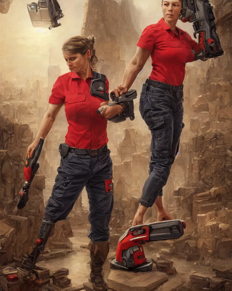 Image similar to epic portrait a slightly muscular woman wearing short sleeved uniform and carrying a red power tool drill, detailed, centered, digital painting, artstation, concept art, donato giancola, Joseph Christian Leyendecker, WLOP, Boris Vallejo, Breathtaking, 8k resolution, extremely detailed, beautiful, establishing shot, artistic, hyperrealistic, beautiful face, octane render