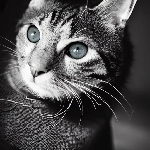 Prompt: a black and white portrait photo of a cat with a WW2 helmet