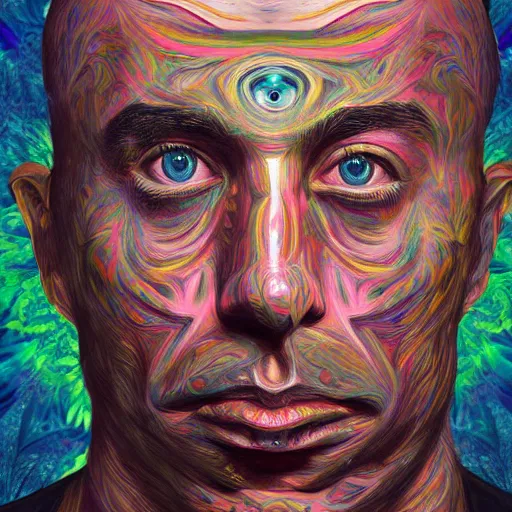 Prompt: An extremely psychedelic portrait of Joe Rogan, surreal, LSD, face, detailed, intricate, elegant, lithe, highly detailed, digital painting, artstation, concept art, smooth, sharp focus, illustration