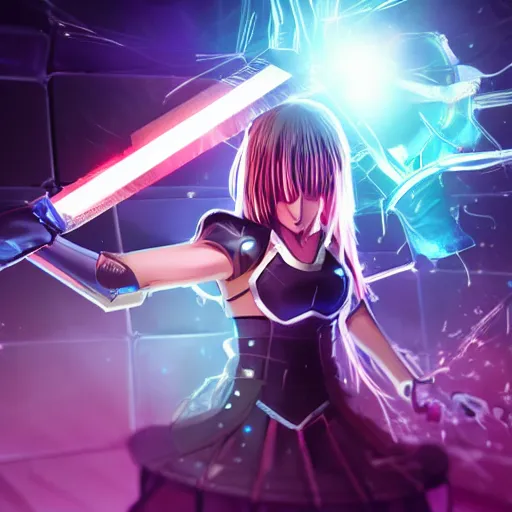 Prompt: anime girl with futuristic armor and glowing sword slicing in half a metal cube, futuristic background, sparks from the cube getting sliced, extremely detailed, intense, particles,