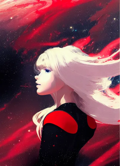 Prompt: highly detailed portrait of a hopeful pretty astronaut lady with a wavy blonde hair, by John Berkey , 4k resolution, nier:automata inspired, bravely default inspired, vibrant but dreary but upflifting red, black and white color scheme!!! ((Space nebula background))