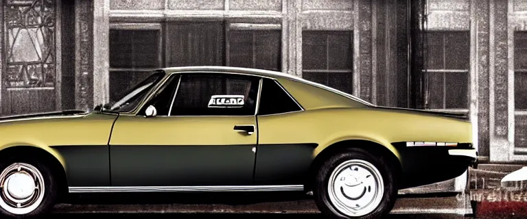 Image similar to black audi camaro b 1 ( 1 9 6 7 ) with burning livery, retro poster, establishing shot