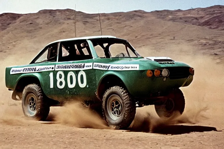 Prompt: 1 9 6 8 dino, mid - 7 0 s dakar rally footage, speed