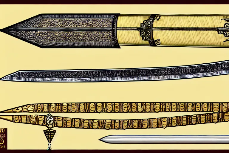 Image similar to schematic diagram of a longsword, ultra detailed, 4 k, papyrus, intricate, encyclopedia illustration, fine inking lines