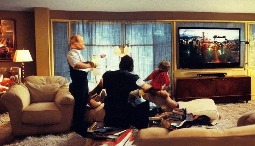 Prompt: 1990s candid 35mm photo of a beautiful day in the living room, cinematic lighting, cinematic look, golden hour, a very large, oversized magical salesman is hanging out of the TV and trying to sell the family a car, salesman is a very large giant, there is a sports car in the living room, portal energy is coming out of the TV, UHD