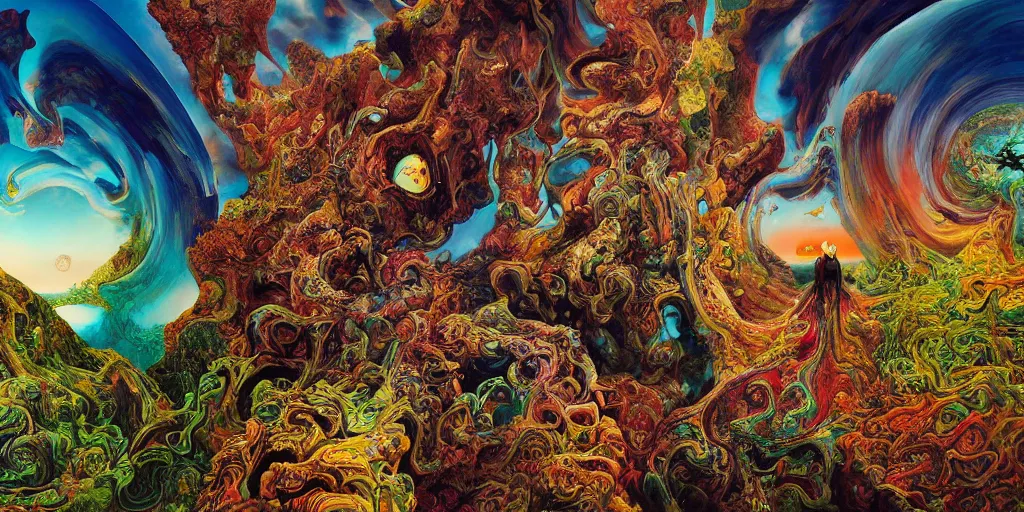 Image similar to ultrawide angle colour masterpiece surreal closeup portrait photography of surrealism by annie leibovitz and michael cheval, double exposure, weird surreal epic psychedelic complex biomorphic 3 d fractal landscape in background by kilian eng and roger dean and giger and salvador dali and beksinski, 8 k