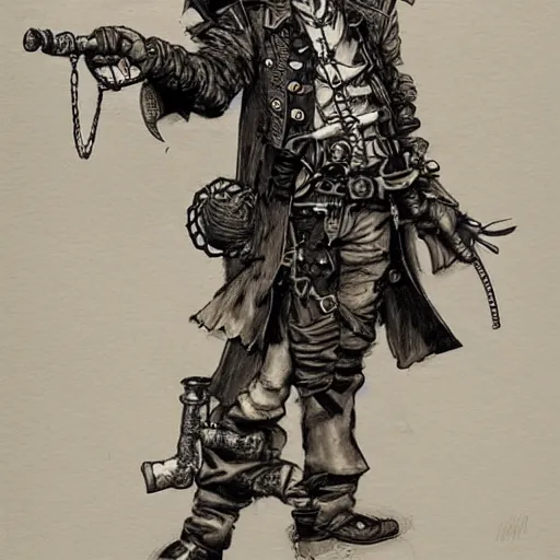Prompt: a steampunk pirate by kim jung gi