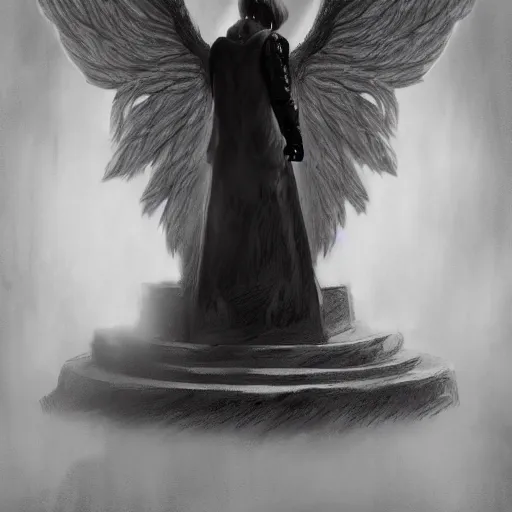 Prompt: charcoal character art, fallen angel crouched down in a pillar of light, wings open, high contrast hd optics, 8 k dop dof, by bastion lecouffe - deharme