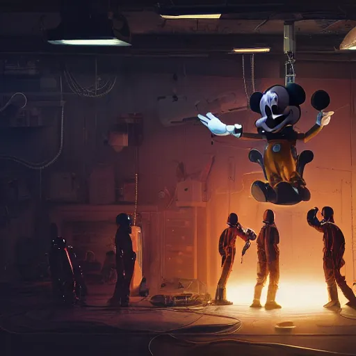 Prompt: nine austronauts in spacesuits, repairing a mickey mouse robot head held down by a crane, in a garage owned by netflix, dark dystopian environment, with cyan lights lighting the foreground and red lights in the background, made by beeple, sigma 5 0 mm