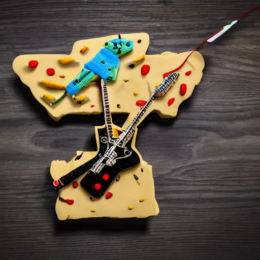 Image similar to an extremely high quality photo of a surreal helicopter-guitar-sandwich, the polymer clay creation, a hybrid mixture of sandwichguitarhelicopter and guitarsandwichelicopter, promotional photo, 4k food photography