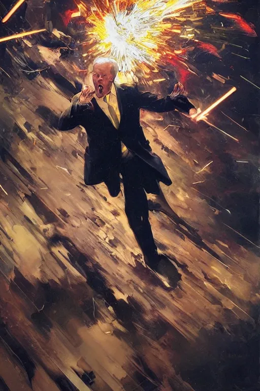 Prompt: uhd hyperrealistic photorealisitc hyperdetailed detailed joe biden screaming, motion lines!!!! sparks flying!!! motion blur!! with sparking circuits, studio lighting, by phil hale!!!! goya!!! ayami kojima amano karol bak, greg hildebrandt and mark brooks