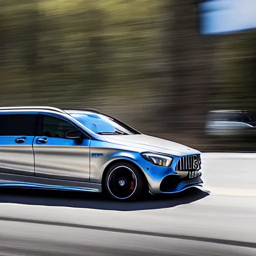 Prompt: Mercedes AMG GTR Minivan centered in frame, advertisement, motion blur, ad