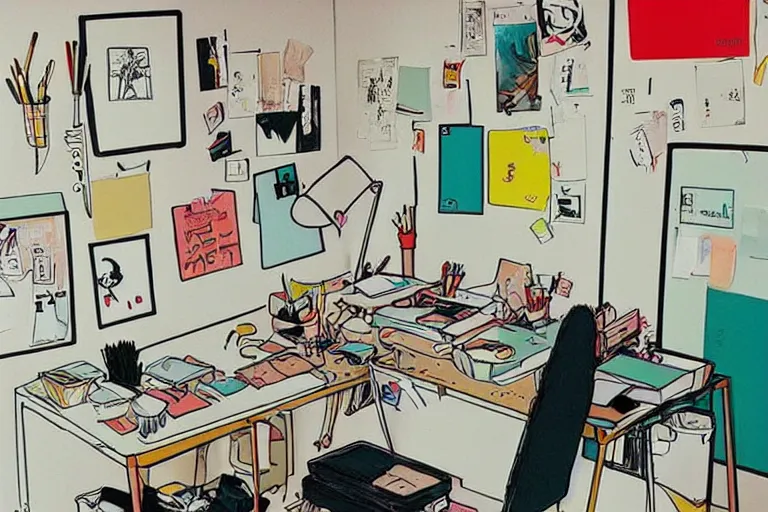 Prompt: messy office, style of studio ghibli + moebius + basquiat, cute, clean lines