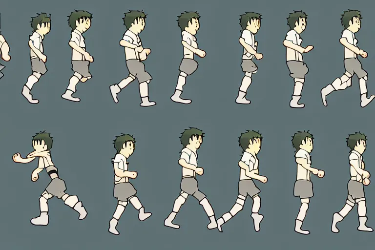 Prompt: a sprite sheet containing of a hero running by studio ghibli, side view, proportions, sprite sheet, running cycle, ready to model,