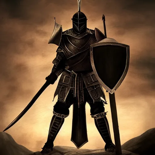 Image similar to Silhouette of a male warrior wearing knight armor holding a sword and shield, facing away towards a mountain in the distance, digital art, digital painting, matte painting, very beautiful, highly detailed, fantasy artwork, dnd