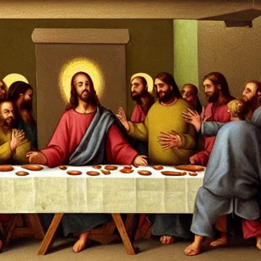 Prompt: in The Last Supper, Jesus is eating a large delicious hamburger that has a beef patty, lettuce, and tomato