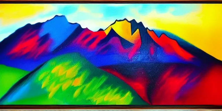 Prompt: a beautiful abstract painting of a mountainous landscape with vibrant colors