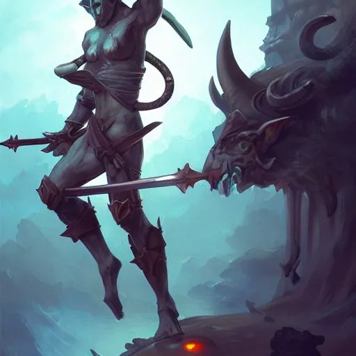 Image similar to feywild tiefling dual wielding swords, detailed illustration by peter mohrbacher by marc simonetti on artstation, fantasy art