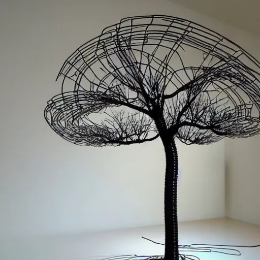 Prompt: a machine that makes wire trees automatically, intricate, highly detailed, photorealistic, sleek, automated