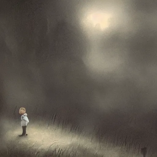 Image similar to a dark vallcy with a huge gloomy castle, fog. a little boy and a black cat