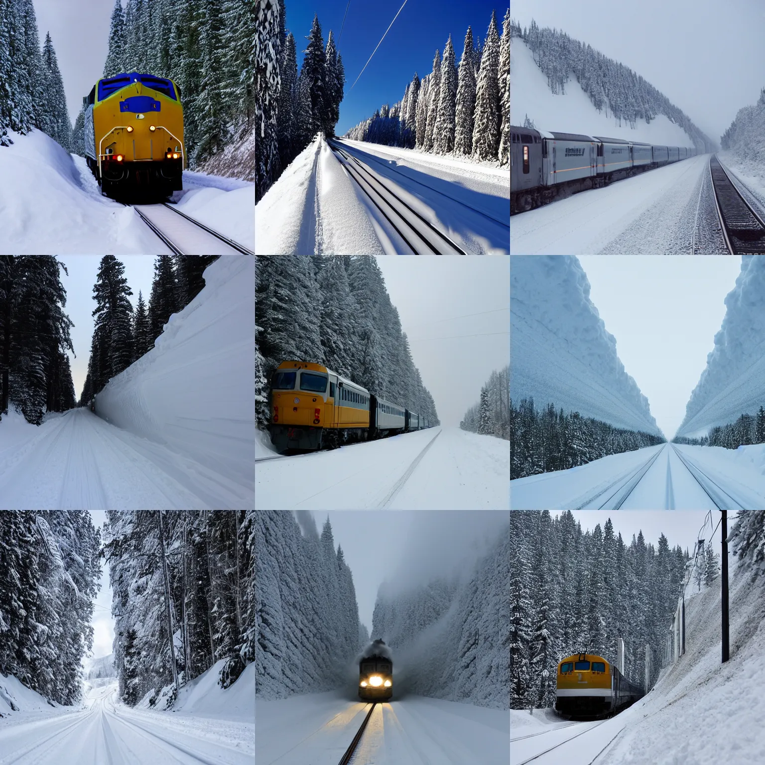 Prompt: train, driving through a deep snow corridor with towering snow walls