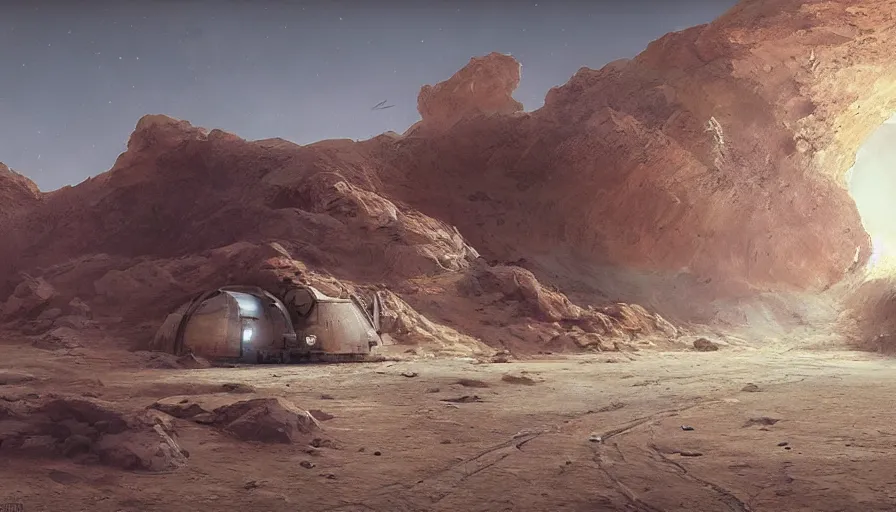 Image similar to craig mullins digital illustration of a moon base on a red desert planet, unreal engine, hyper realism, realistic shading, cinematic composition, realistic render, octane render, detailed textures, photorealistic, wide shot