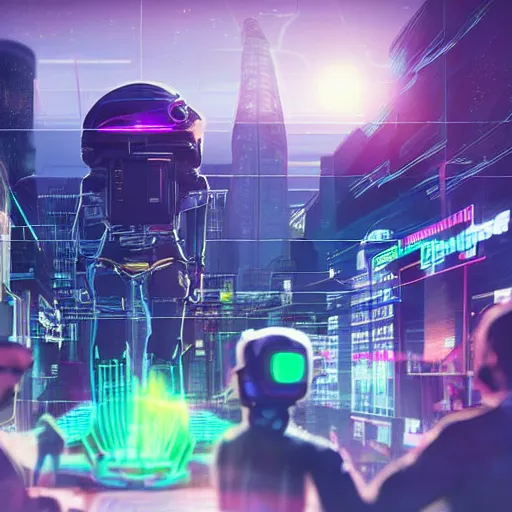 Prompt: a cinematic composition depicting : we're overlooking translucid crystal android being, whos is behind their heads up display viewing out of their window how a high tech lush solarpunk tribe collaborating with their technologic android helpers encroaching a cyberpunk resort at sunrise