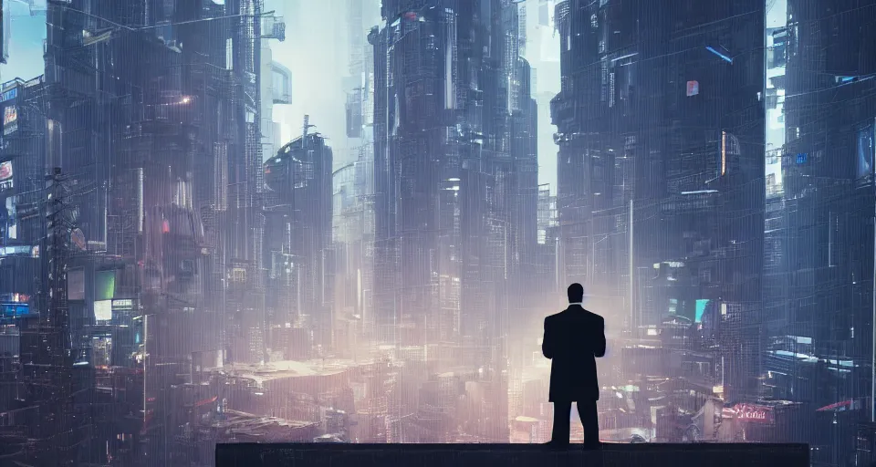 Image similar to Dramatic photo of a businessman in a city made of money. 8k, high detail, trending on Artstation, volumetric lighting, cyberpunk