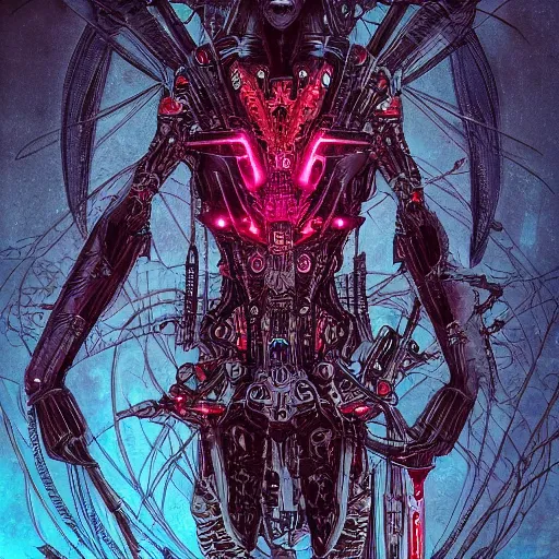 Prompt: blood hunter inspirer, in the style of philippe druillet, trending on artstation, iridescent cyan lighting camera view from above trending on artstation, bokeh, stuckism, futuresynth, dada