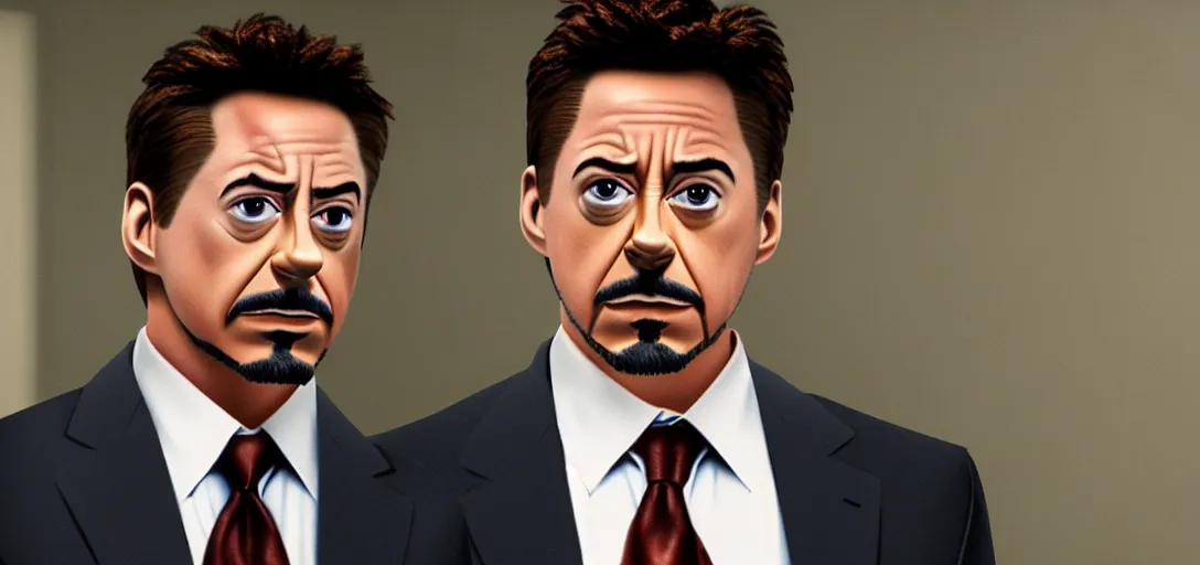 Image similar to a very high resolution image of tony stark. from an episode of the office with micheal scott. photorealistic, photography