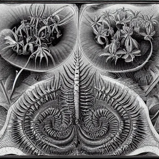 Prompt: technicolor venus flytrap, by Ernst Haeckel, by M.C. Escher, beautiful, eerie, surreal, colorful