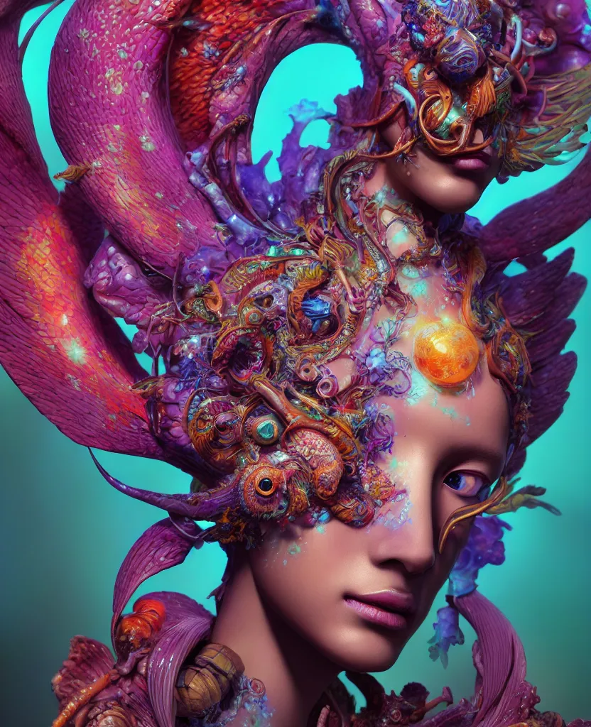 Image similar to goddess full color painted acryllic sculpture close-up portrait. orchid bird phoenix head, nautilus, skull, betta fish, bioluminiscent creatures, intricate artwork by Tooth Wu and wlop and beeple. octane render, trending on artstation, greg rutkowski very coherent symmetrical artwork. cinematic, hyper realism, high detail, octane render, 8k