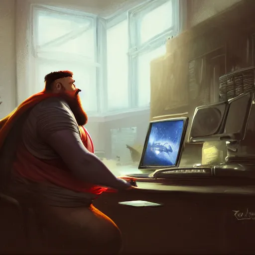 Image similar to a insanely detailed painting of a slightly overweight man wearing a homemade superhero costumed, sitting at a computer desk, nervously and clicking on the mouse, in the style of peter mohrbacher, dramatic lighting and composition, trending on artstation, concept art, comic book
