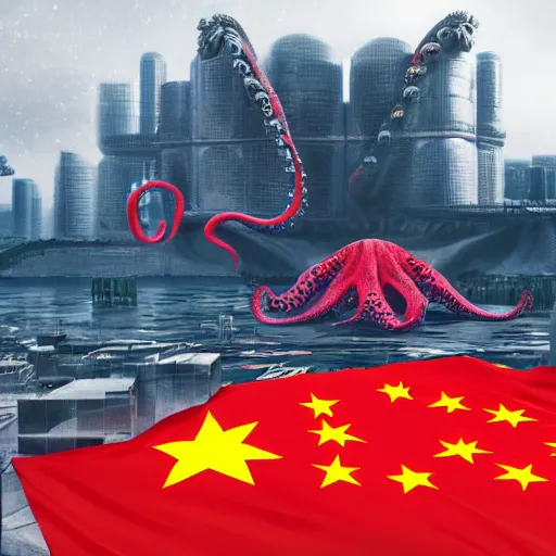 Image similar to Illustration of the Chinese communist party as a dirty octopus with lots of tentacles, dystopian, dirty, 3d shaded, cyberpunk, volumetric lighting, cgsociety, octane render, imax, highly detailed, 8k, hyperrealism