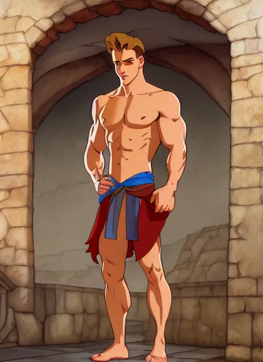Image similar to cute muscular jack laugher wearing barbarian tunic, natural lighting, path traced, highly detailed, high quality, digital painting, by don bluth and ross tran and studio ghibli and alphonse mucha, artgerm