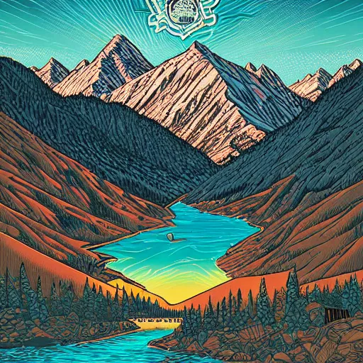 Prompt: Mountains and rivers by Dan Mumford