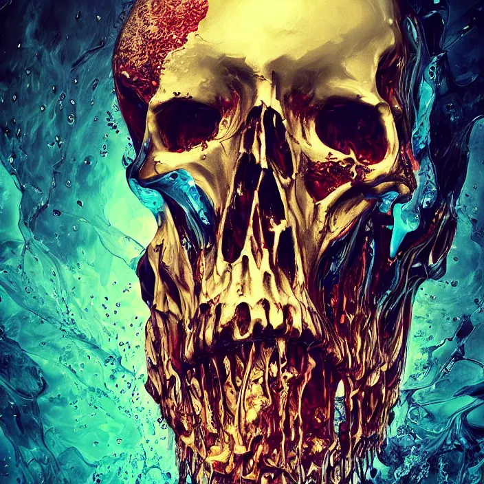 Image similar to a melting dripping skull. burning water distortions. intricate abstract. intricate artwork. by Tooth Wu, wlop, beeple, dan mumford. octane render, trending on artstation, greg rutkowski very coherent symmetrical artwork. cinematic, hyper realism, high detail, octane render, 8k, depth of field, bokeh. iridescent accents