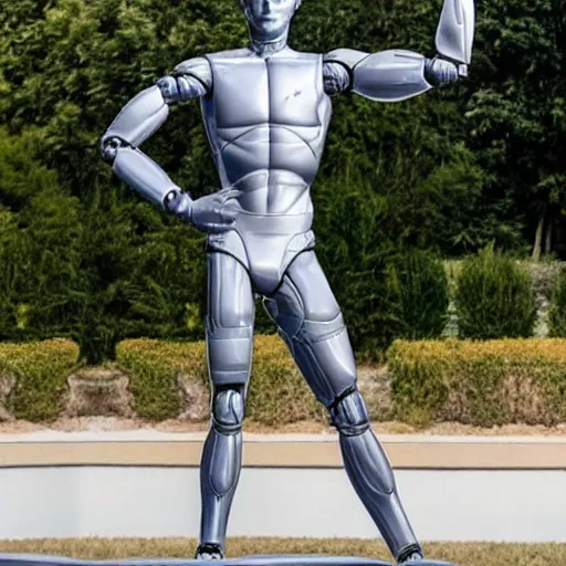 Image similar to a realistic detailed photo of a guy who is an attractive humanoid who is half robot and half humanoid, who is a male android, soccer player martin ødegaard, shiny skin, posing like a statue, blank stare, by the pool, on display, showing off his muscles, humanoid robot, frozen ice statue