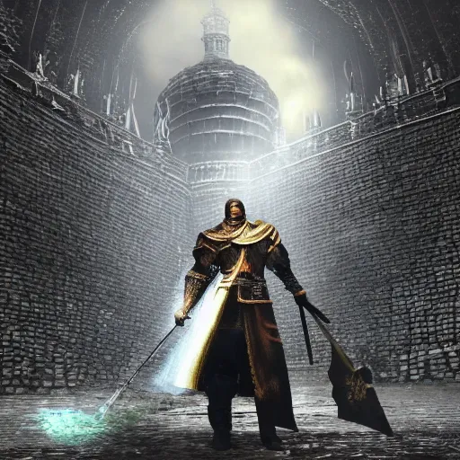 Image similar to Alexander Lukashenko as a Dark Souls 3 boss in Anor Londo
