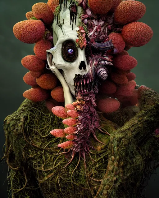 Image similar to a disturbing horror photograph of an amazing fantasy creature made out of nature and flowers and fungus, intricate, hyperrealism, sharp focus, cinematography, highly detailed, octane render, digital horror artwork, matte, photography by professional photographer